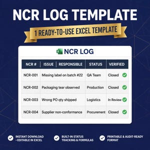 Puede incluir: Una plantilla de registro NCR para Excel con una tabla que incluye columnas para NCR #, Issue, Responsible, Status y Verified. La tabla muestra cuatro entradas de ejemplo con actualizaciones de estado y marcas de verificación verdes. Texto: NCR LOG TEMPLATE y 1 READY-TO-USE EXCEL TEMPLATE.