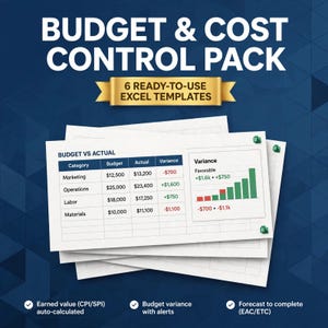 May include: A digital product pack titled BUDGET & COST CONTROL PACK featuring 6 ready-to-use Excel templates. The display shows a Budget vs Actual table with categories for Marketing, Operations, Labor, and Materials, plus a variance bar chart.