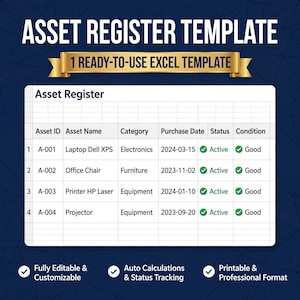 Asset Register Excel Template | Equipment List, Asset Inventory (Digital Download)