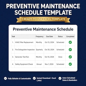 May include: A digital preventive maintenance schedule template for Excel. The document features a table with columns for task, frequency, due date, status, and completion checkmarks. Text includes Preventive Maintenance Schedule Template.
