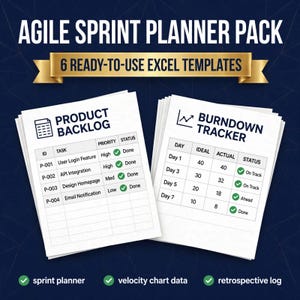 May include: An Agile Sprint Planner Pack featuring 6 ready-to-use Excel templates. Two white sheets display a Product Backlog table and a Burndown Tracker table with task lists, status columns, and green checkmarks on a dark blue background.