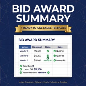 May include: A digital Bid Award Summary Excel template featuring a table with columns for Vendor, Bid Amount, Status, and Notes. The table displays data for three vendors, including bid amounts, green checkmark status icons, and a final award designation.