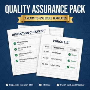 Op de afbeelding: Een kwaliteitsborgingspakket met 7 kant-en-klare Excel-sjablonen. De afbeelding toont twee witte documenten met de titels Inspection Checklist en Punch List, met groene vinkjes die de status aangeven, naast tekst voor inspectieplan, NCR-logboek en audittracker.