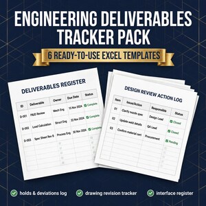Planilha de rastreamento de entregas de engenharia em Excel | Registro de documentos, registro de revisão de projeto (download digital)
