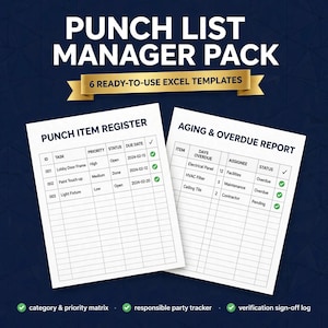 May include: A digital punch list manager pack featuring six Excel templates. The image displays two white documents titled Punch Item Register and Aging & Overdue Report, with tables showing task details, status, and dates on a dark blue background.