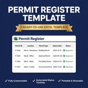 May include: A digital Permit Register template for Excel featuring a table with columns for Permit ID, Location, Permit Type, Expiry Date, and Status. The document displays sample data with green approved checkmarks.