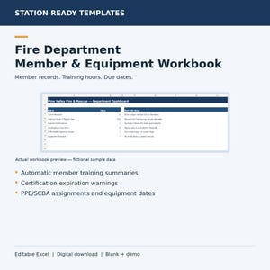 Puede incluir: Una plantilla de libro de trabajo digital titulada Station Ready Templates Fire Department Member & Equipment Workbook. Incluye una vista previa de panel para Pine Valley Fire & Rescue, rastreando métricas como horas de formación y equipos.
