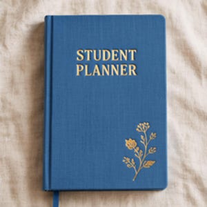 May include: A blue hardcover student planner with a textured fabric finish. The front cover features the gold embossed text "STUDENT PLANNER" centered at the top and a small gold embossed floral illustration positioned in the lower right corner.