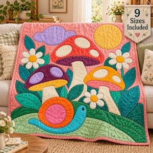 May include: A quilted blanket featuring a colorful applique design of three mushrooms, a snail with a bright orange shell, white flowers, a purple cloud, and a yellow sun on a pink background. A hanging sign displays the text 9 Sizes Included.