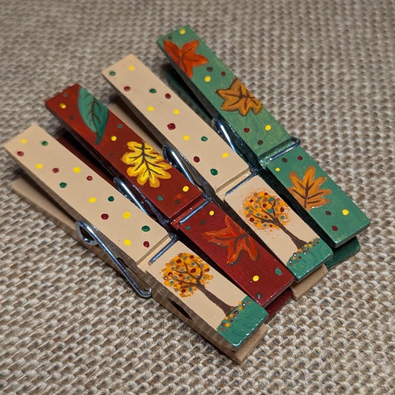 Hand Painted Fall Clothespins, Leaf & Tree Design, Set of 4 - Etsy