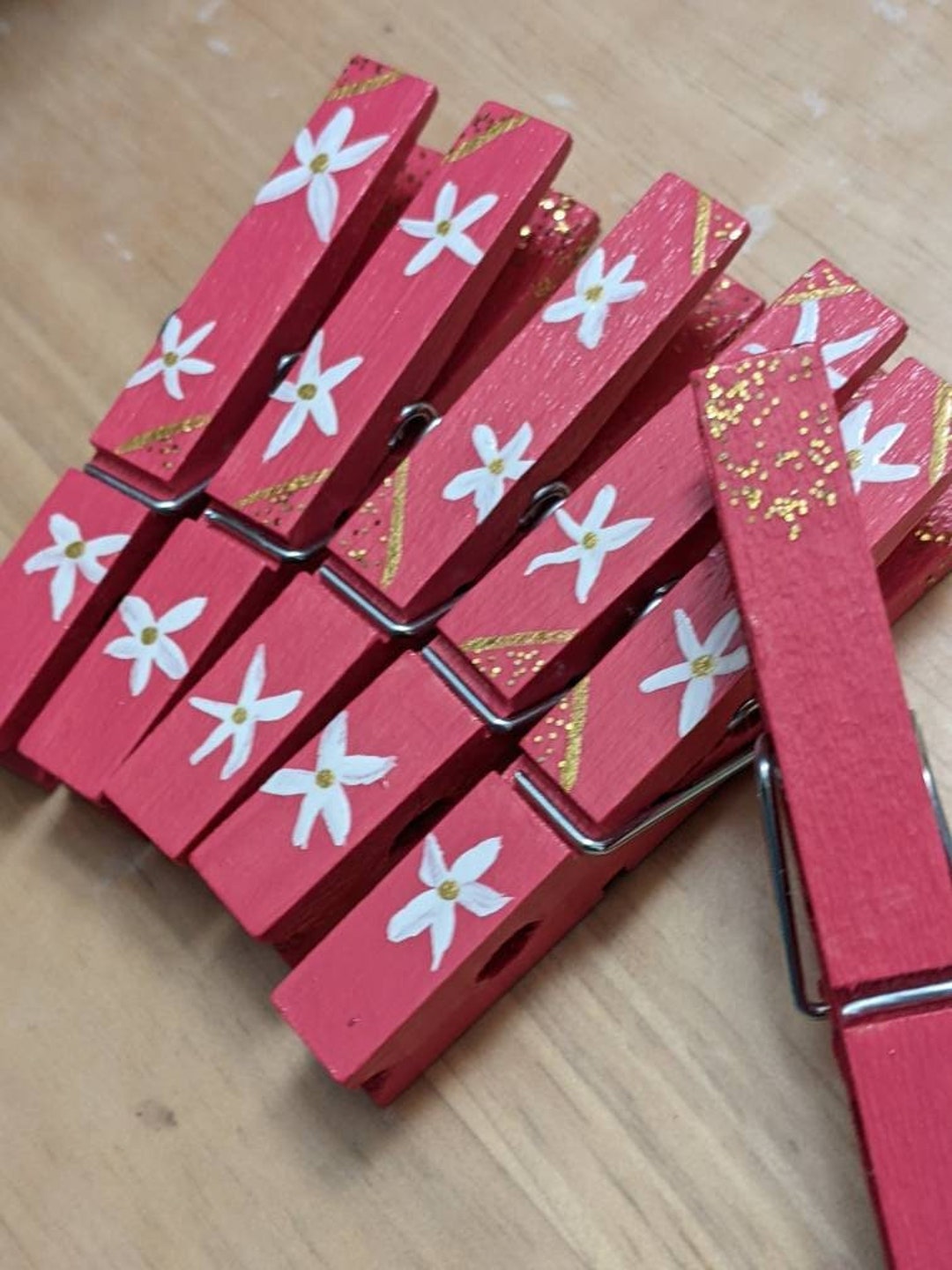 Hand Painted Clothes Pins Pink With White Flowers and Gold Etsy