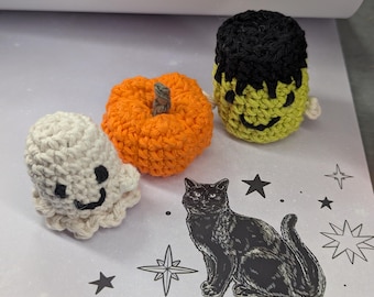 Crochet Cotton Halloween Catnip Toys – Pumpkin, Ghost, Frankenstein or 3 Ball Set