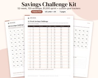 1000 Dollars Savings Challenge Kit, 52-Week, 100-Envelope Tracker (Fillable PDF)