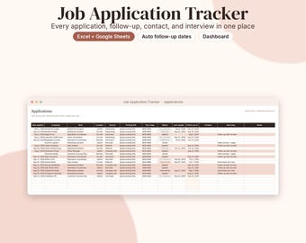 Job Application Tracker Spreadsheet, Excel & Google Sheets, Auto Follow-Up Reminders (Digital Download)
