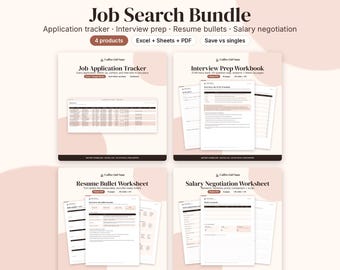 Job Search Bundle, Application Tracker Spreadsheet, Interview Prep Workbook, Resume Worksheet + Salary Negotiation Printables