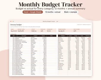 Monthly Budget Tracker Spreadsheet, Budget vs Actual, 12 Months + Annual Summary (Digital Download)