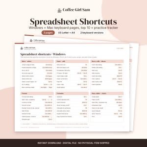 Afdrukbare spiekbrief met sneltoetsen voor Excel, twee toetsenbordversies, naslagwerk voor spreadsheets + oefentracker