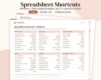 Excel Keyboard Shortcuts Cheat Sheet Printable, Two Keyboard Versions, Spreadsheet Desk Reference + Practice Tracker