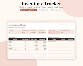 Small Business Inventory Tracker Spreadsheet, Stock Log, Reorder Alerts (Digital Download)