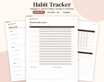 Fillable Habit Tracker PDF, Monthly Weekly Yearly Design Worksheet (Digital Download)