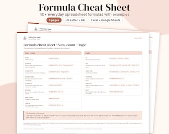 Excel Google Sheets Formula Cheat Sheet, SUMIFS, IF, XLOOKUP (Digital Download)