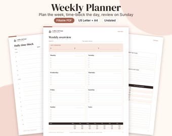 Undated Weekly Planner Printable, Time-Block Daily, Review Sunday (Fillable PDF)
