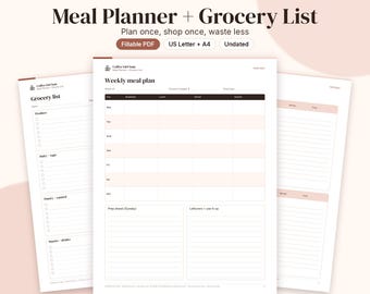 Weekly Meal Planner, Grocery List, Pantry Inventory, Recipe Cards (Fillable PDF)