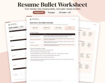 Resume Bullet Point Worksheet Printable, Accomplishment Builder, Action Verb List and Resume Writing Guide, Fillable PDF