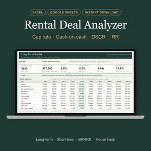 May include: A digital Rental Deal Analyzer spreadsheet displayed on a laptop screen, featuring sections for Excel and Google Sheets. The interface includes financial metrics like Cap rate, Cash-on-cash, DSCR, and IRR for long-term rental projections.