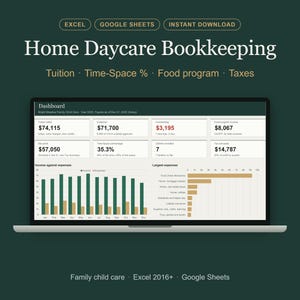 Op de afbeelding: Een digitaal boekhoudspreadsheet voor kinderopvang aan huis weergegeven op een laptopscherm. Het dashboard bevat secties voor collegegeld, tijd-ruimtepercentage, voedselprogramma en belastingen, met staafdiagrammen voor inkomsten en uitgaven.