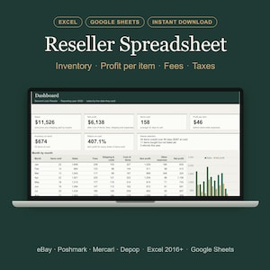 May include: A digital reseller spreadsheet displayed on a laptop screen, featuring a dashboard with financial metrics like sales, net profit, and inventory. The interface includes tables for monthly data, bar charts, and labels for Excel and Google Sheets.