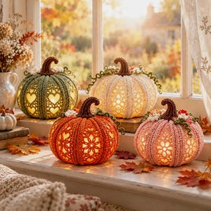 May include: Four crocheted pumpkins in sage green, cream, orange, and light pink, each featuring intricate lace-like cutouts and a brown stem. The pumpkins are illuminated from within, decorated with small fabric flowers and vines.
