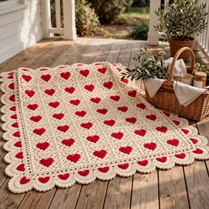 Puede incluir: Una manta de ganchillo color crema con un patrón repetitivo de corazones rojos en motivos cuadrados, terminada con un borde festoneado. Junto a la manta hay una cesta de mimbre tejida que contiene una pequeña planta y un frasco.