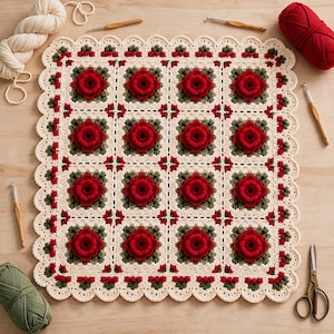 Puede incluir: Una manta de ganchillo cuadrada que presenta dieciséis cuadrados individuales, cada uno con una rosa roja tridimensional en el centro rodeada de hojas verde oscuro y bordes color crema. La manta tiene un borde festoneado con detalles en rojo y verde.
