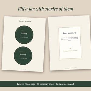May include: Two cream-colored sheets featuring memory jar labels and a table sign. The left sheet displays two dark green circular labels with the text 'Memories of Robert'. The right sheet shows a rectangular sign with the text 'Share a memory'.