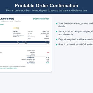 May include: A printable order confirmation template for Sweet Crumb Bakery. The document includes fields for order number, customer contact information, itemized lists with quantities and prices, custom design charges, discounts, order total, deposit required, and balance due. The layout is organized with clear headings and sections for professional business documentation.