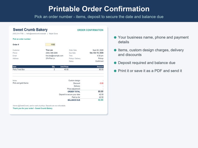 May include: A printable order confirmation template for Sweet Crumb Bakery. The document includes fields for order number, customer contact information, itemized lists with quantities and prices, custom design charges, discounts, order total, deposit required, and balance due. The layout is organized with clear headings and sections for professional business documentation.