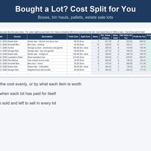 Pode incluir: Uma planilha digital intitulada Bought a Lot? Cost Split for You, apresentando colunas para Lot ID, Date, Source, Description, Total Cost, Split Cost, Items, Est. Value, Items Sold, Net Sales, Profit, Cost Earned Back e Left to Sell.