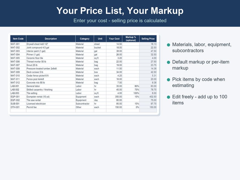 Contractor Estimate & Invoice Template, Job Costing Spreadsheet (Excel, Google Sheets) image 6