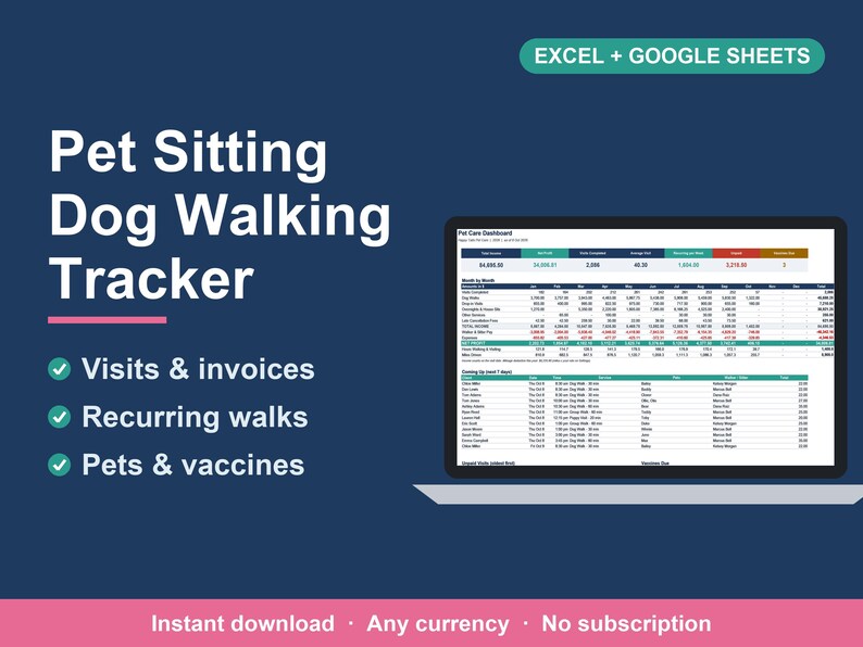 Pet Sitting & Dog Walking Business Spreadsheet, Client, Visit and Invoice Tracker (Excel, Google Sheets) image 1