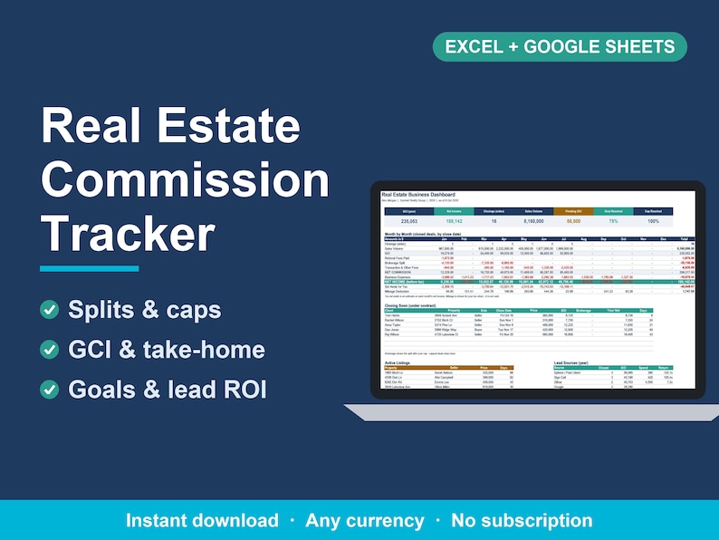 Real Estate Agent Commission Tracker, GCI & Business Plan (Excel, Google Sheets) image 1