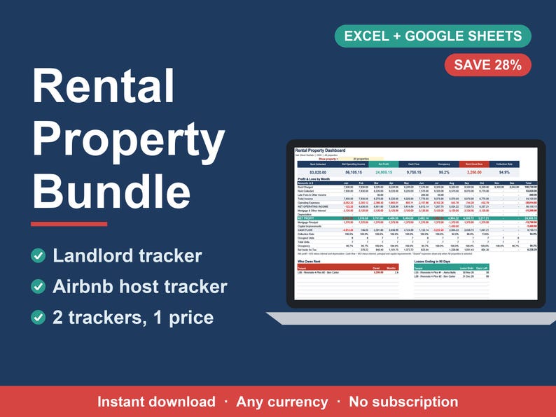 Spreadsheetpakket voor verhuurwoningen, inclusief tracker voor verhuurders en Airbnb-hosts (Excel, Google Sheets) afbeelding 1