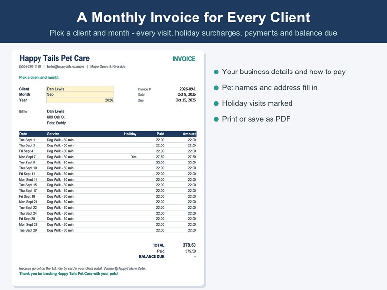 Pet Sitting & Dog Walking Business Spreadsheet, Client, Visit and Invoice Tracker (Excel, Google Sheets) image 5