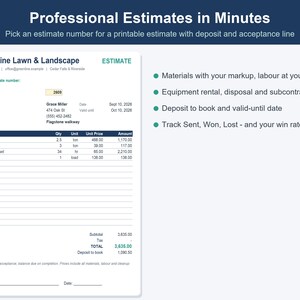 以下が含まれることがあります： Professional Estimates in Minutesというタイトルのデジタルドキュメントテンプレート。Greenline Lawn & Landscapeの見積書フォームで、顧客詳細、プロジェクト説明、項目別コスト、小計、税金、合計、および手付金記入欄が含まれています。