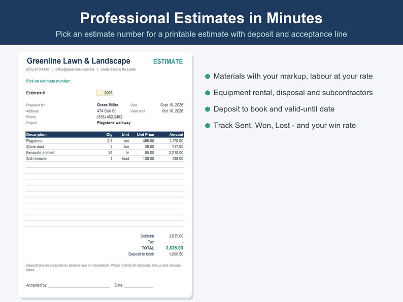 以下が含まれることがあります： Professional Estimates in Minutesというタイトルのデジタルドキュメントテンプレート。Greenline Lawn & Landscapeの見積書フォームで、顧客詳細、プロジェクト説明、項目別コスト、小計、税金、合計、および手付金記入欄が含まれています。