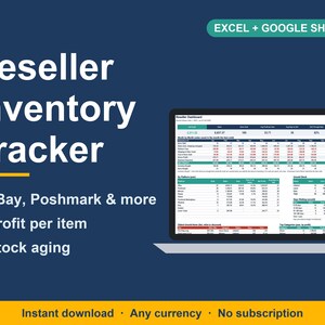 Pode incluir: Um rastreador de invent&aacute;rio digital para revendedores para Excel e Google Sheets exibido em uma tela de laptop. O gr&aacute;fico azul escuro apresenta texto branco com Reseller Inventory Tracker, eBay, Poshmark & more, Profit per item, Stock aging.