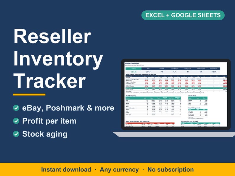 Pode incluir: Um rastreador de invent&aacute;rio digital para revendedores para Excel e Google Sheets exibido em uma tela de laptop. O gr&aacute;fico azul escuro apresenta texto branco com Reseller Inventory Tracker, eBay, Poshmark & more, Profit per item, Stock aging.