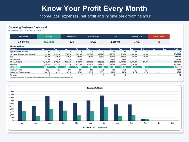 Dog Grooming Business Tracker, Client & Income Spreadsheet (Excel, Google Sheets) image 3