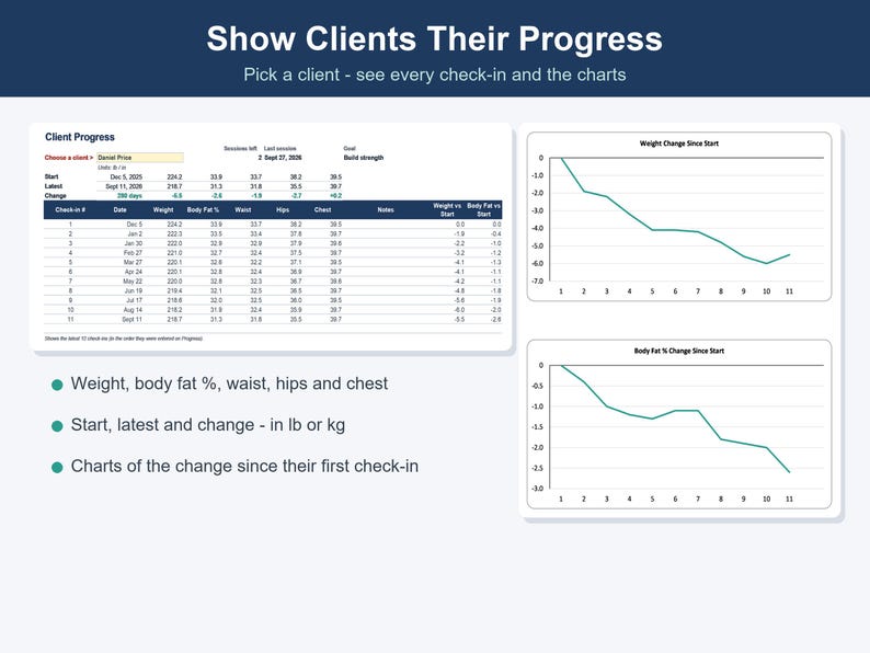 Personal Trainer Spreadsheet, Client Session & Progress Tracker (Excel, Google Sheets) image 5