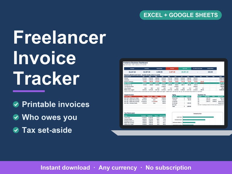Freelancer Invoice Template, Income & Expense Tracker (Excel, Google Sheets) image 1